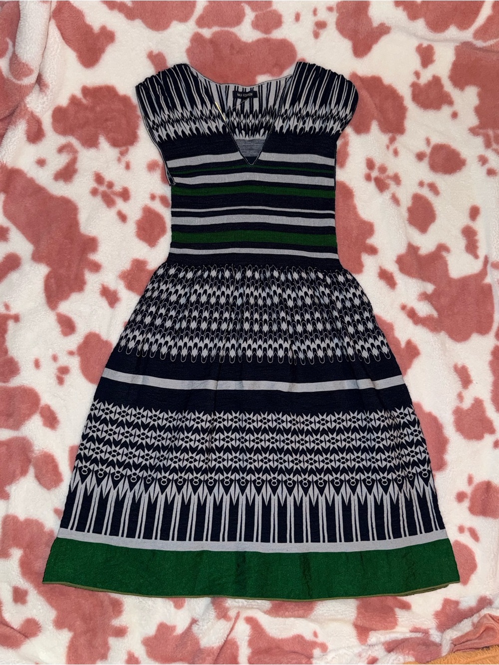 Max Edition Navy, Green & White Striped Knit Fit-and-Flare Dress